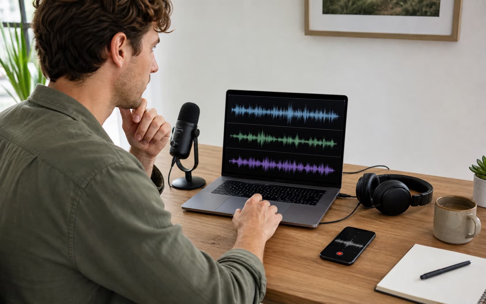 Creator comparing podcast microphone, phone memo, and voice recording sources