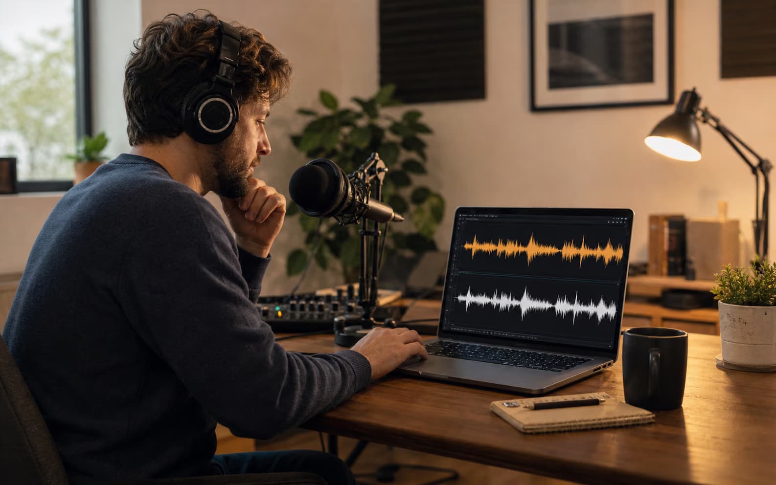 Podcast creator reviewing a full episode waveform
