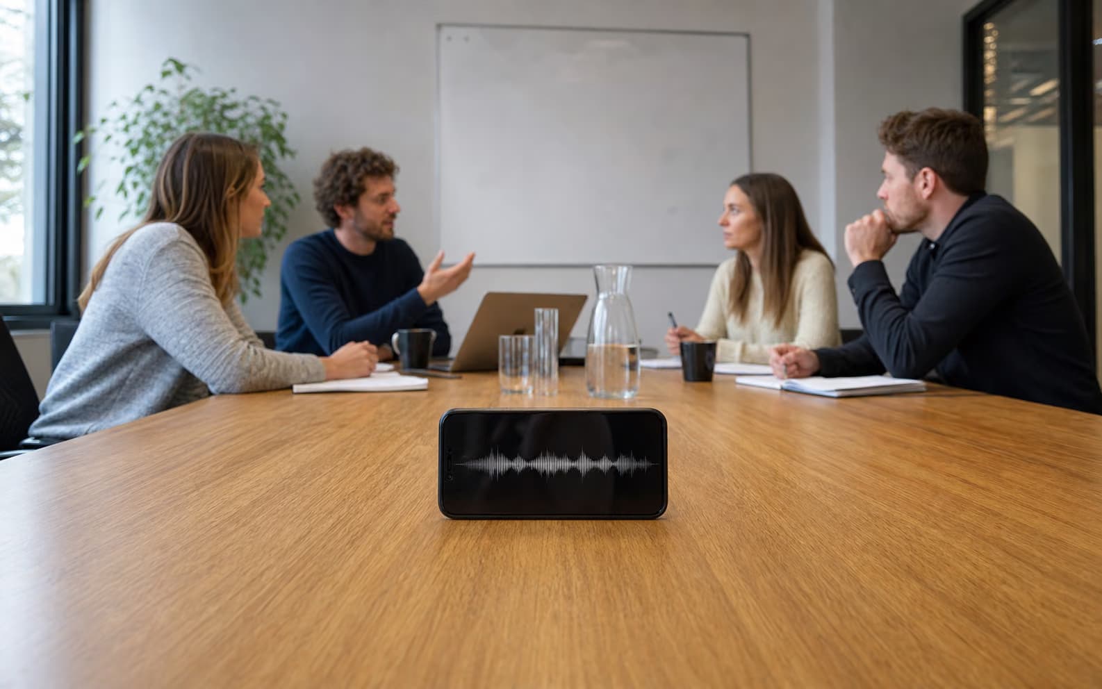 Smartphone recording a meeting from across a conference table