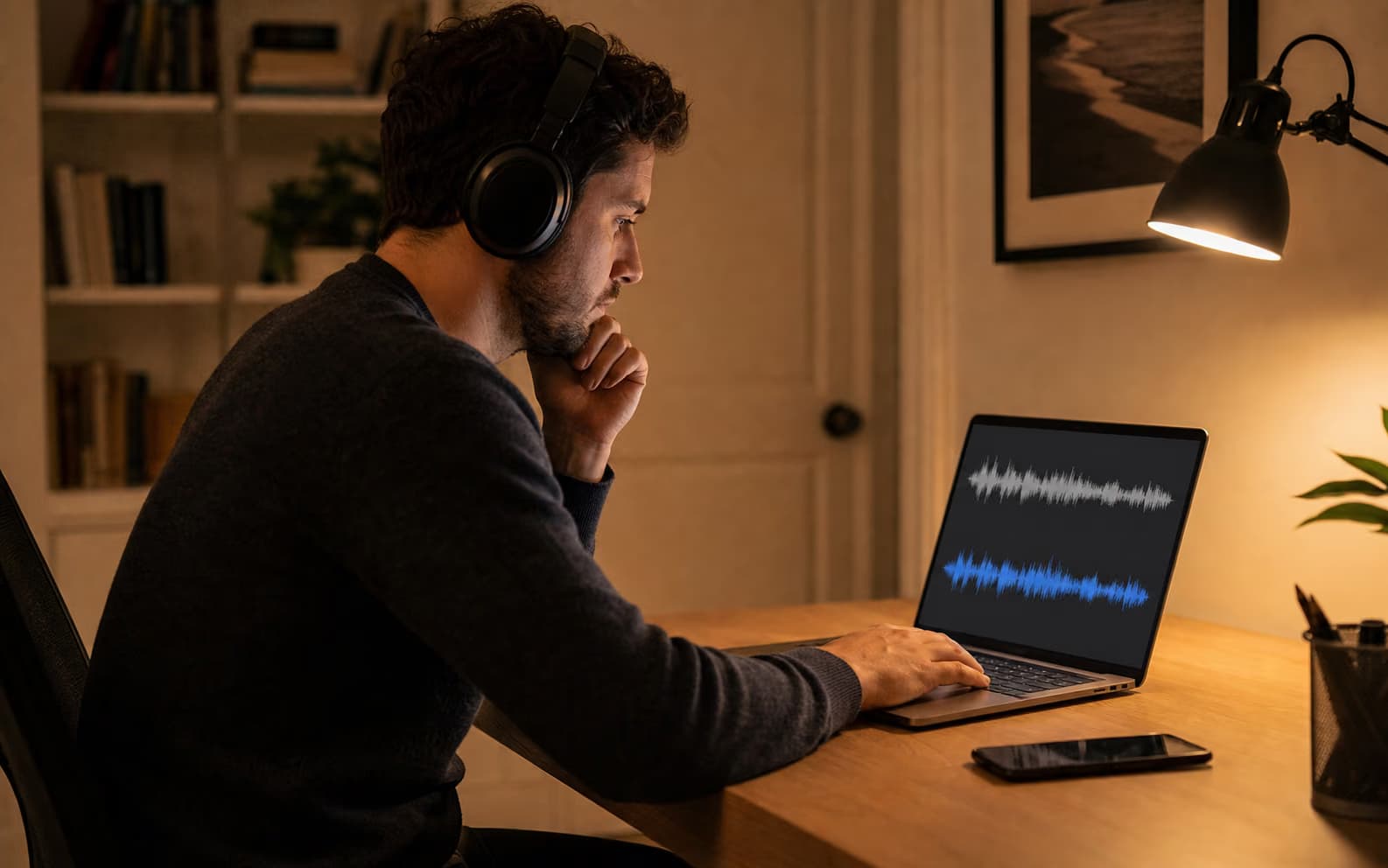 Person privately comparing original and cleaned voice memo audio