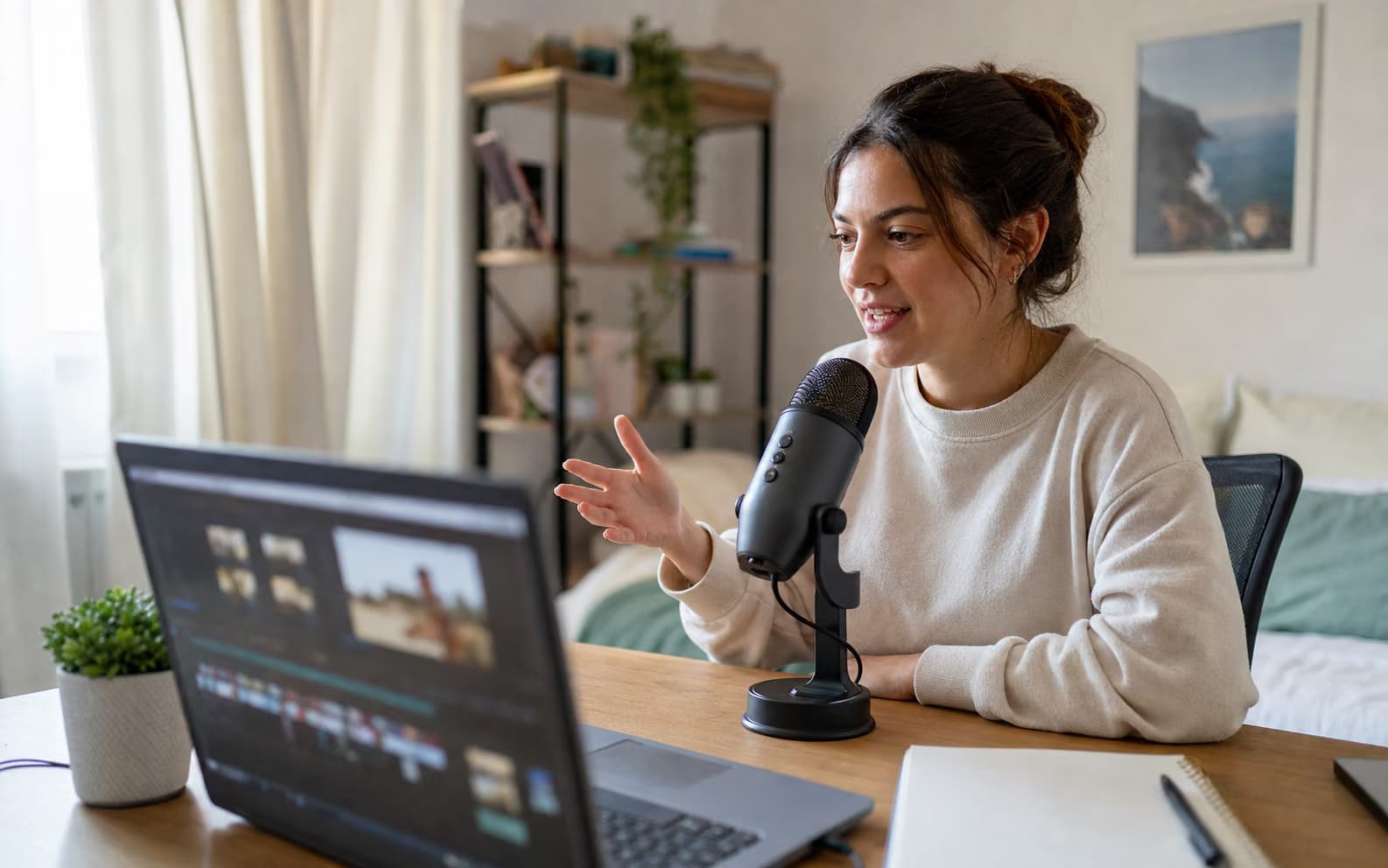 Voiceover artist recording narration beside a video editing timeline