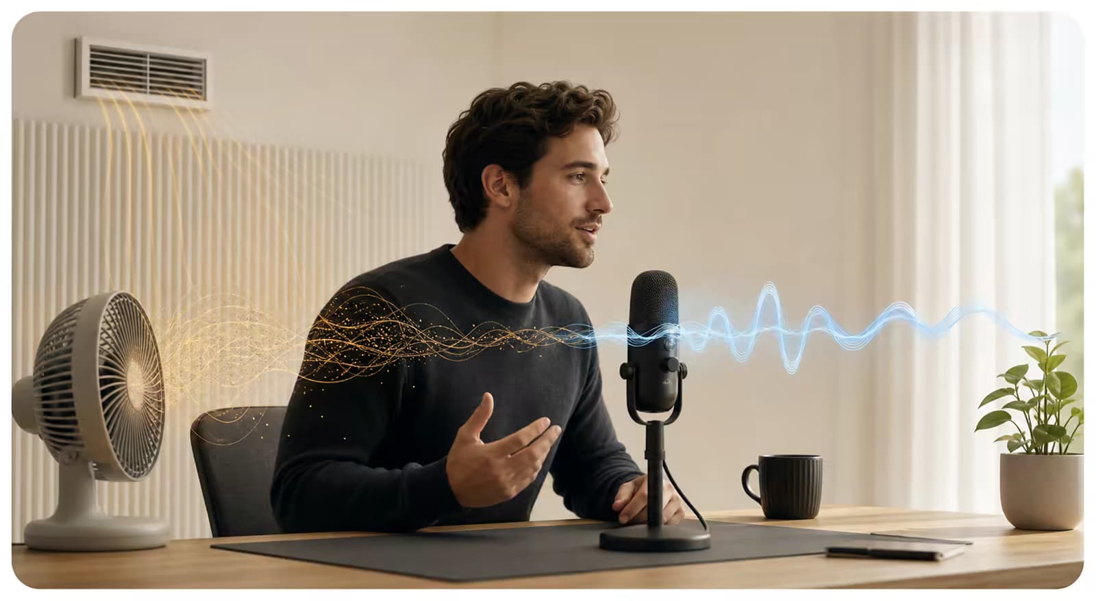 A person recording speech near a desk fan and air vent while a clear voice waveform remains
