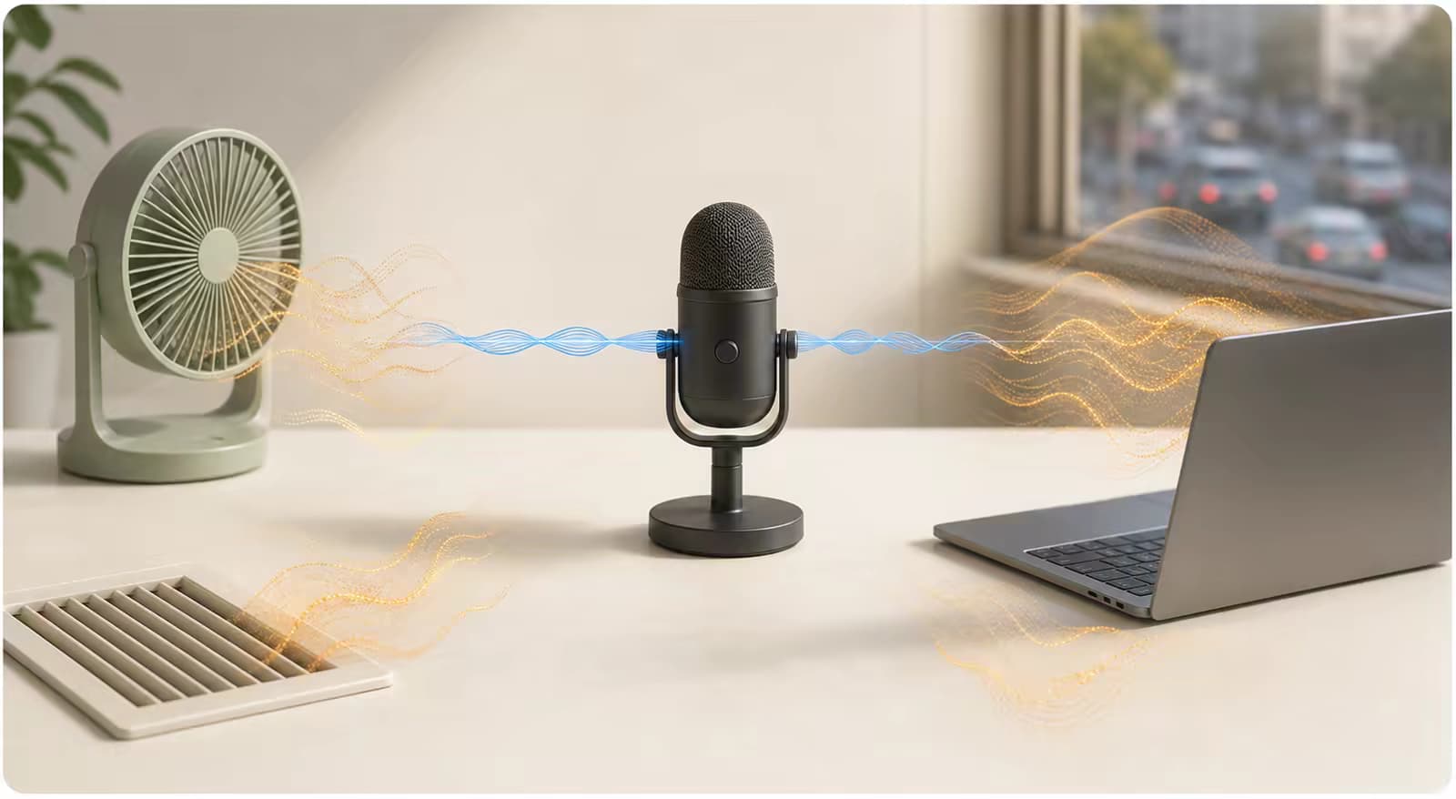 A microphone surrounded by a fan, air vent, laptop, and distant traffic representing common noise sources