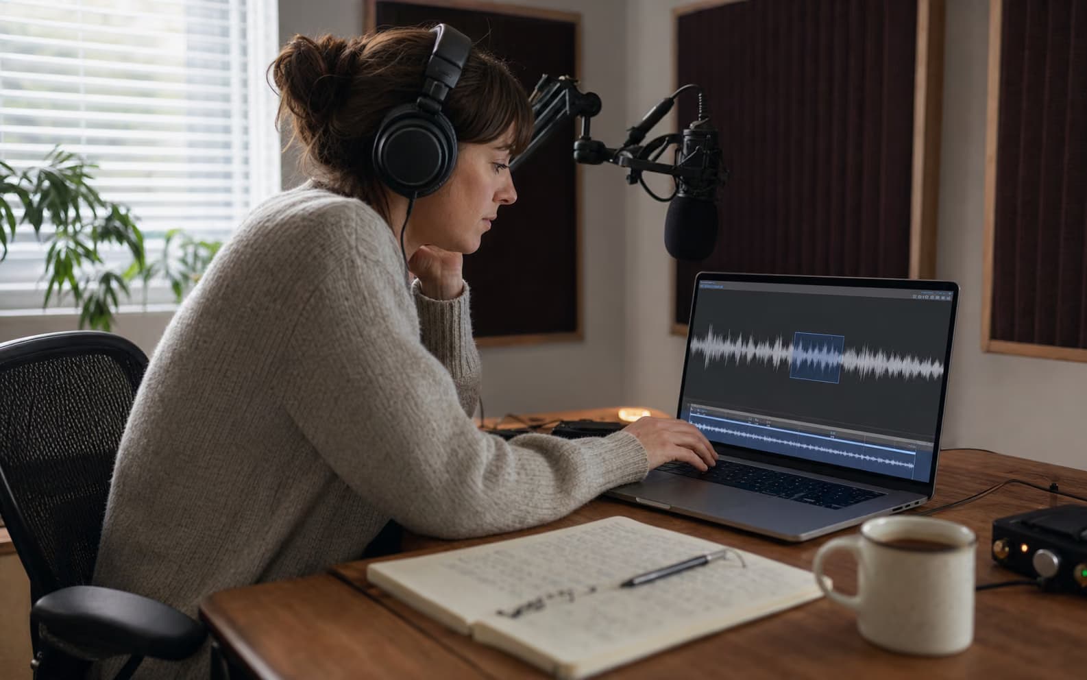 Podcast editor selecting a difficult excerpt for a free enhancement test