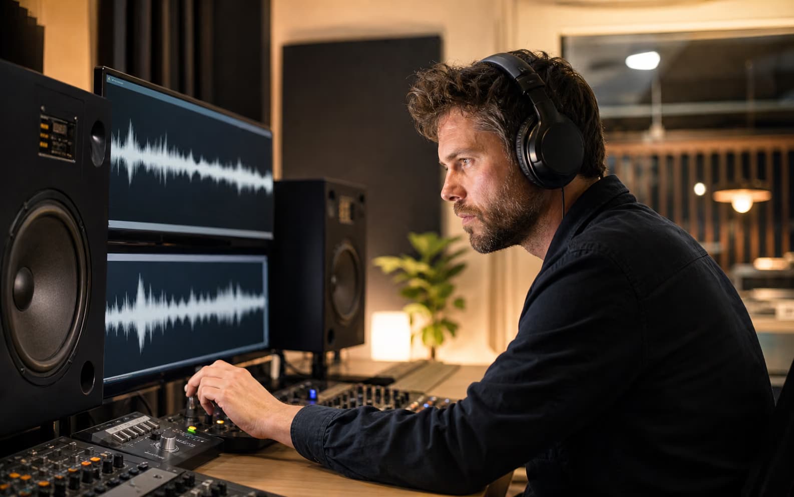Podcast producer listening closely for enhancement artifacts