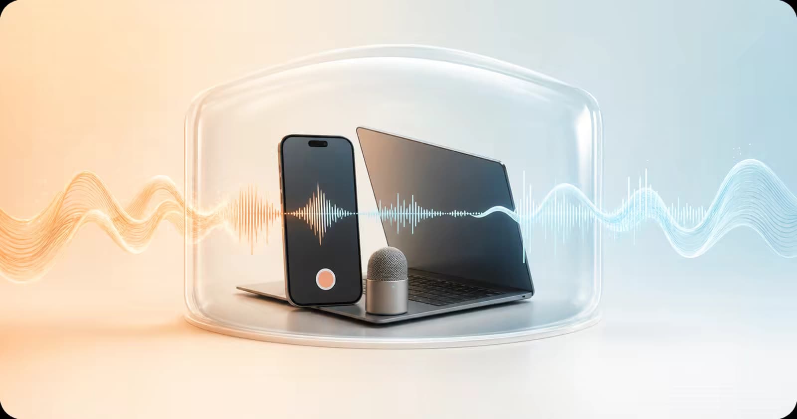 A phone, laptop, and microphone protected inside a transparent enclosure representing private on-device processing