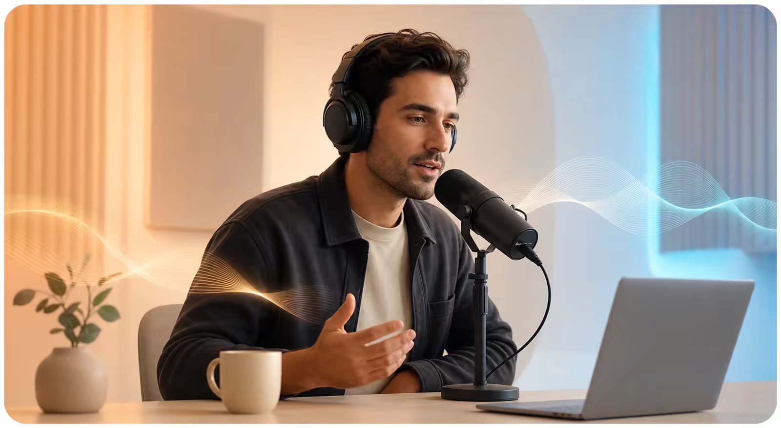 A creator recording spoken narration at a desk microphone in a calm home studio
