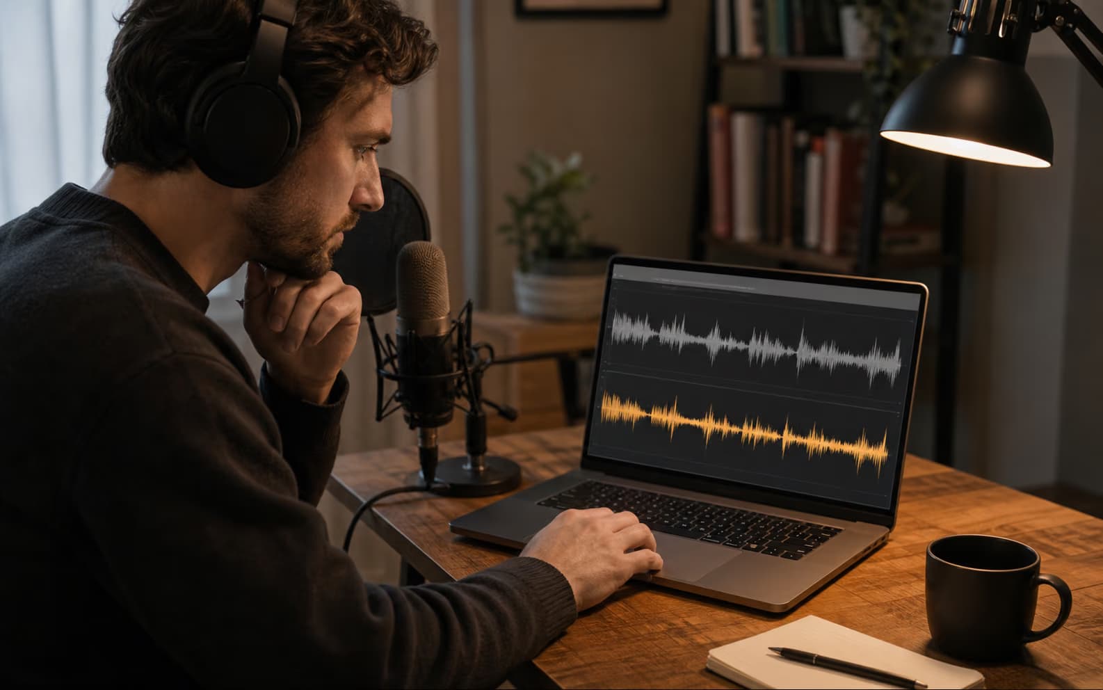 Voiceover artist comparing original and enhanced narration waveforms