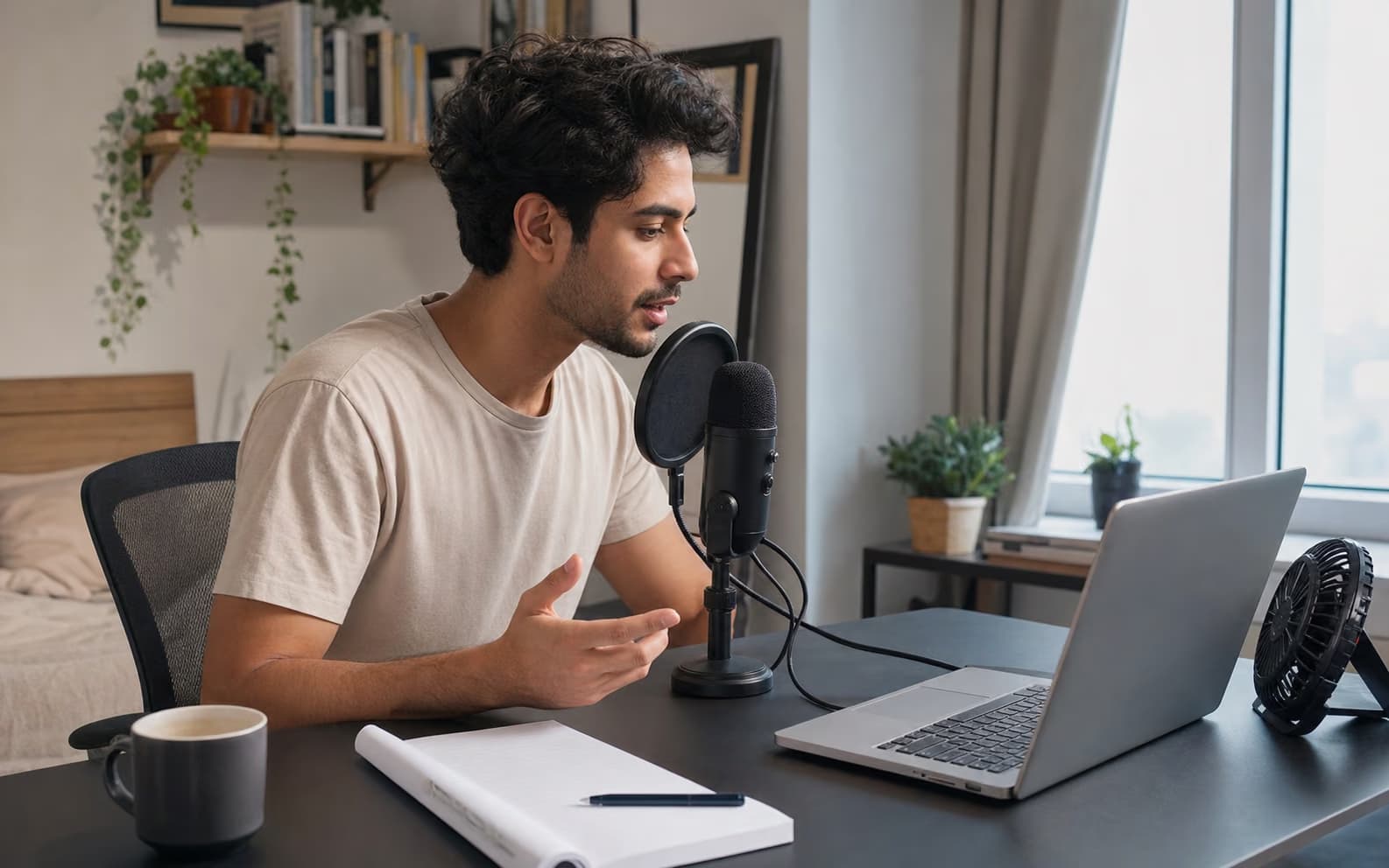 Narrator recording a voiceover near a laptop and desk fan