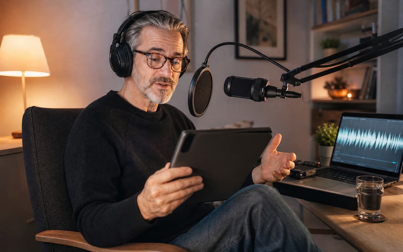 Audiobook narrator recording a long chapter at home